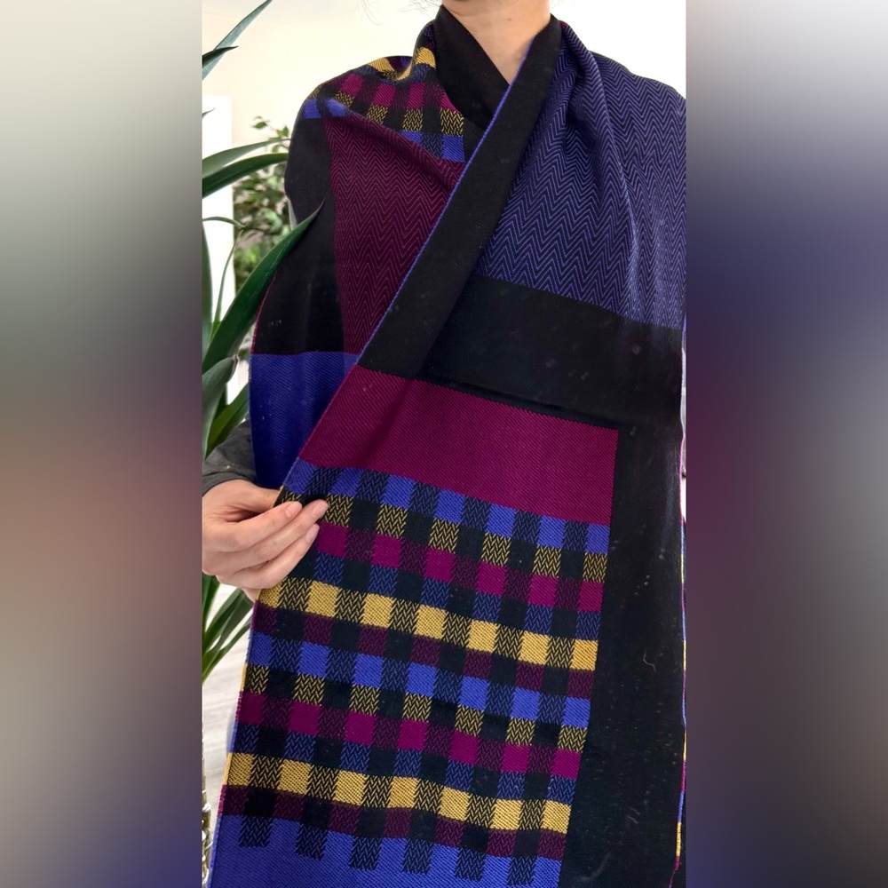 Missoni Colorblock Checked 100% Wool Scarf - Black, Purple, Pink, Yellow - Picture 2 of 12